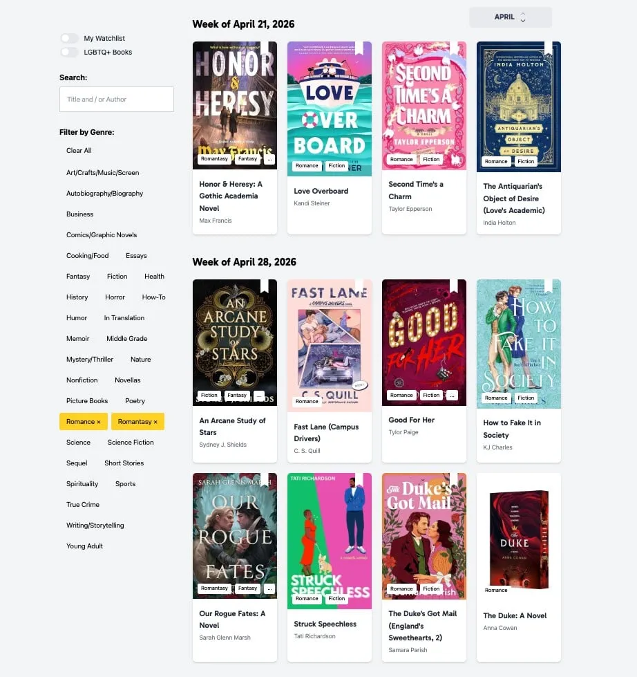 a screenshot of the New Release Index in April, filtered by romance and romantasy books